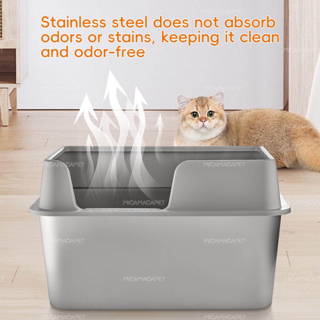 กระบะทรายแมวสแตนเลสพร้อมขอบยก, กันน้ํากระเซ็น, ทําความสะอาดง่าย, ขั้นตอนกันลื่น, ไม่ติดและป้องกันการรั่ว