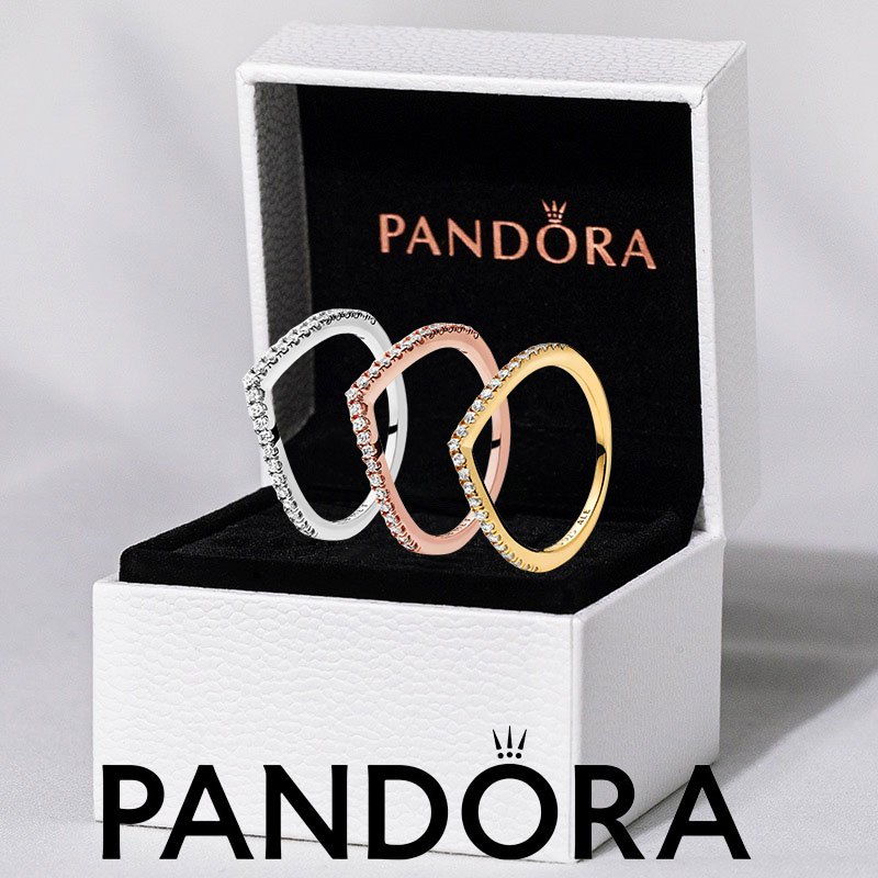แหวนเงินสเตอร์ลิง S925 ของแท้ 100% จาก PANDORA จับคู่กับแหวน Wishbone ที่เปล่งประกายจาก Pandora