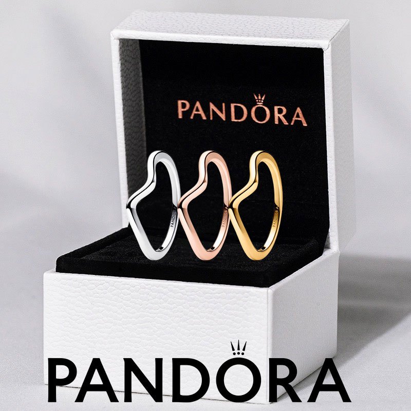100% PANDORA S925 แหวนเงินแท้จับคู่ Pandora แหวนคลื่นขัดเงา