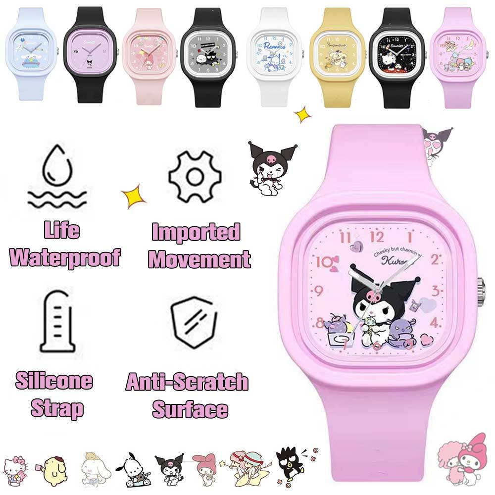 Sanrio นาฬิกาข้อมือควอตซ์แฟชั่น สายซิลิโคน กันน้ํา ลายการ์ตูน Kuromi Melody KT Cinnamon Pudin Dog ของขวัญ สําหรับเด็กนักเรียน