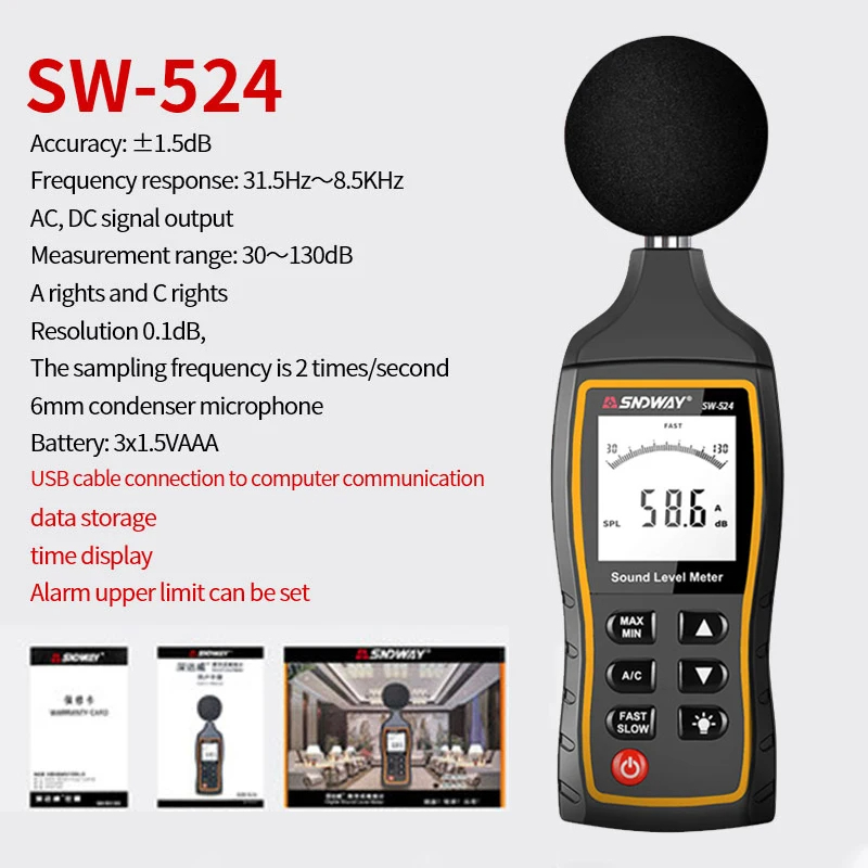 รับประกันหนึ่งปีSNDWAY Sw 523 524 เครื่องวัดระดับเสียง 30 ถึง 130 dB เครื่องตรวจจับดิจิตอล Professional Decibelmeter ระดับเสียงรบกวน Decibel Meter