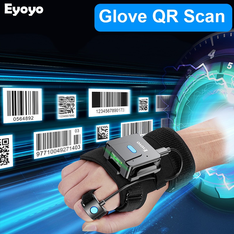 Eyoyo ถุงมือแหวนนิ้วสวมใส่ 1D 2D QR Code Scanner ผ่านเครื่องสแกนบาร์โค้ดไร้สาย Bluetooth ซ้ายและขวามือสวมใส่เข้ากันได้กับWindows, Mac OS, Android OS, iOS