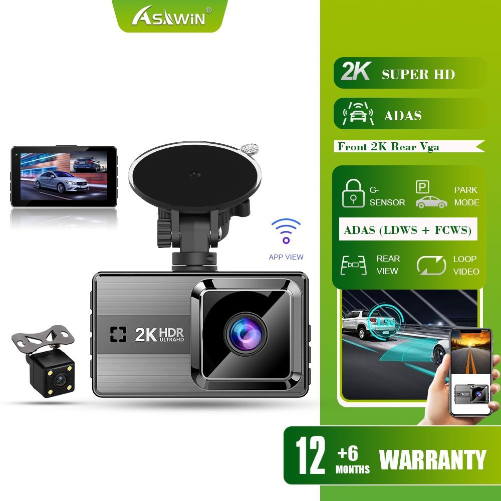 Asawin Adas รถกล ้ อง Wifi สําหรับรถยนต ์ Dvr LDWS FCWS 2K ด ้ านหน ้ าและด ้ านหลัง Dual เลนส ์ APP