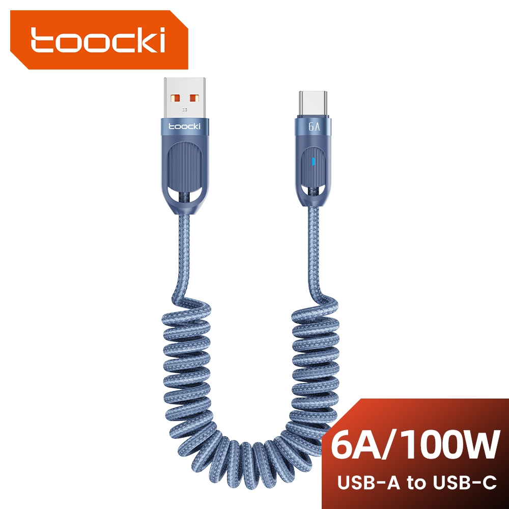 Toocki PD100W ฤดูใบไม้ผลิสายชาร์จข้อมูล 6A USB Type C สายชาร์จโทรศัพท์ในรถยนต์พร้อมไฟแสดงสถานะ LED 1.8M