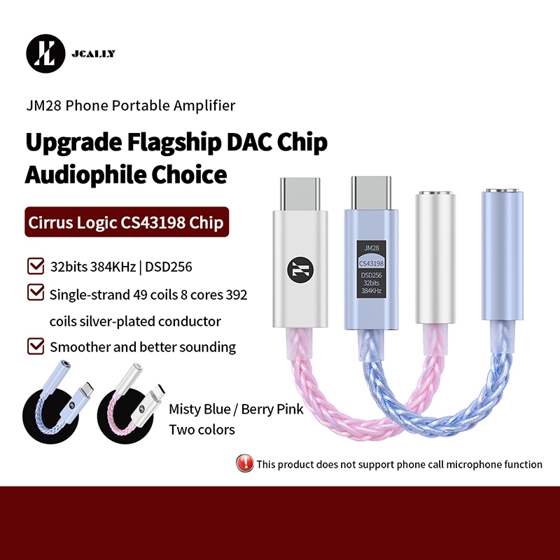 Jcally JM28 Cirrus Logic CS43198 ชิปแบบพกพา DAC Decoder Type-C ถึง 3.5 หูฟังอะแดปเตอร ์ DSD256 32bit