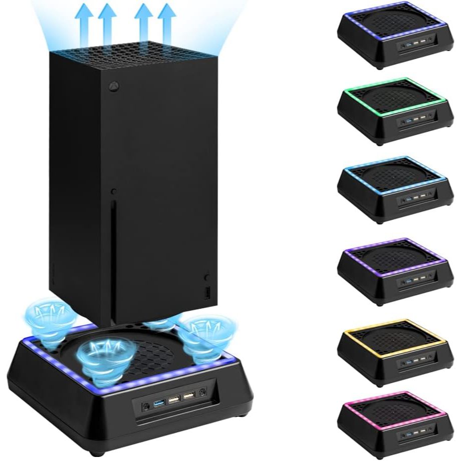 แท่นวางระบายความร้อน RGB สำหรับ Xbox Series X, พัดลมระบายความร้อน Xbox Series X พร้อมระบบปรับความเร็ว 3 ระดับ, เสียงเงียบ, พอร์ต USB เพิ่มเติม 3 พอร์ต, ไฟ LED RGB 6 สี