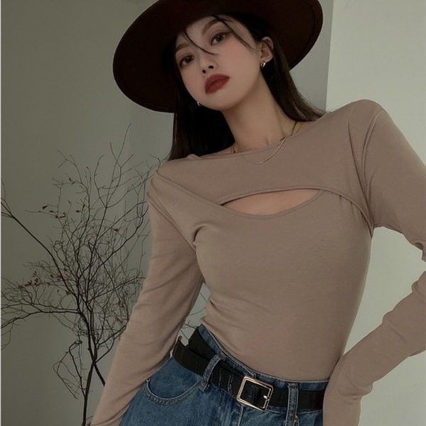 【WJZ】เสื้อยืดแขนยาวดีไซน์เซ็กซี่สีพื้นสไตล์เกาหลีสำหรับผู้หญิง【6870】