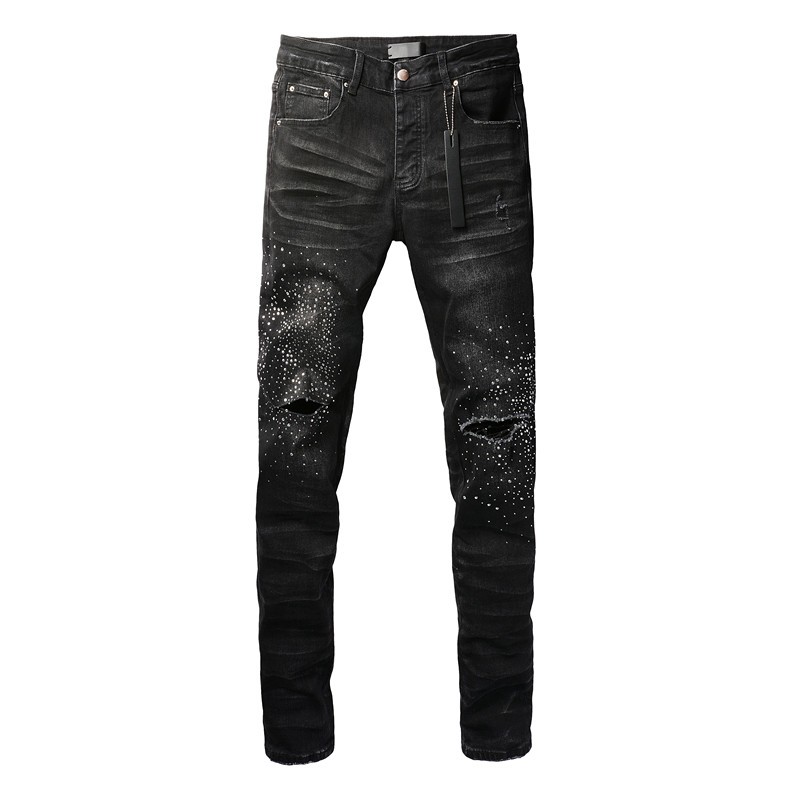 Amiri High Street Fashion Man Jeans กางเกงยีนส์สีดำสลิมฟิตลูกปัดฝีมือการออกแบบปุ่มผู้ชายคุณภาพดีกางเ