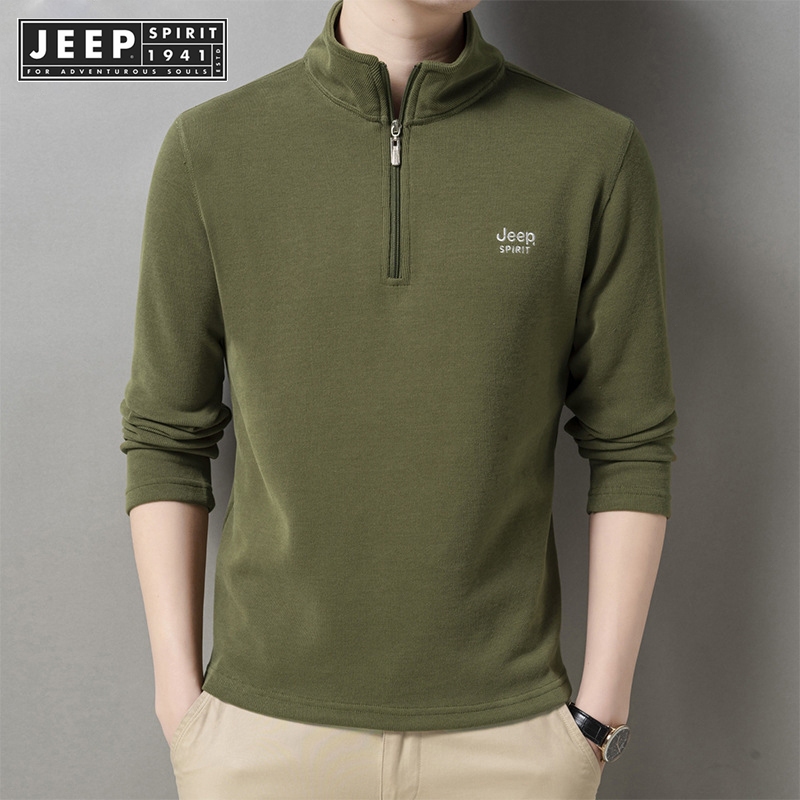 Jeep SPIRIT 1941 ESTD เสื้อฮู้ดผ้าฟลีซผู้ชายด้านล่างซิปครึ่งปกกันหนาวและอบอุ่น