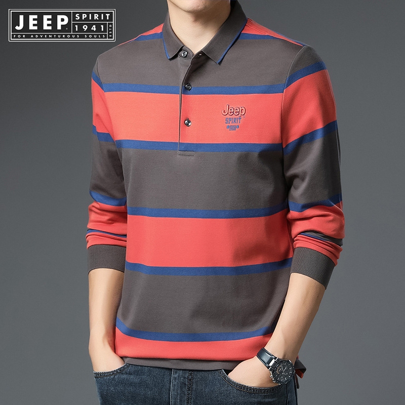 Jeep SPIRIT 1941 ESTD เสื้อโปโลผู้ชายลาย Paul เสื้อเชิ้ตลําลองผ้าฝ้ายแท้คอปกและเสื้อยืดแขนยาว