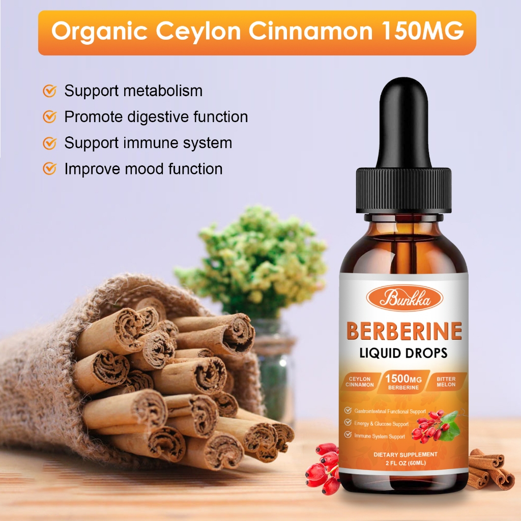Bunkka Berberine อาหารเสริม Berberine 1500 มก . หยดของเหลวสนับสนุนสําหรับระบบภูมิคุ ้ มกัน , ระบบการย ่ อยอาหารและหัวใจสนับสนุนสุขภาพ Gut สุขภาพน ้ ําตาลในเลือดลดลง + อาหารเสริมคอเลสเตอรอล