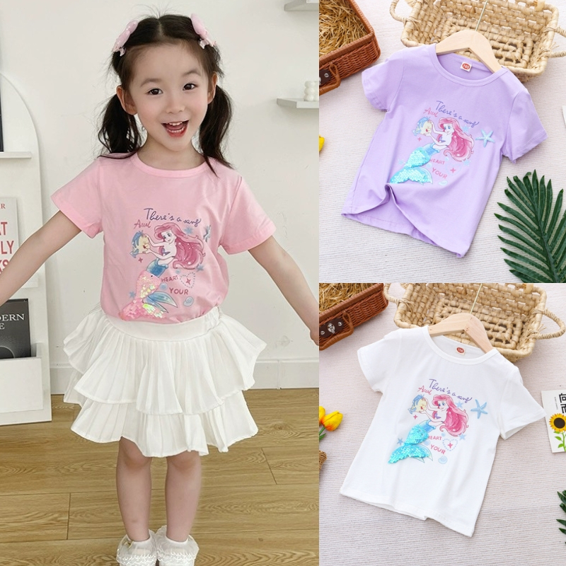 1-10ปีเด็กสาวผ้าฝ้ายเสื้อยืดน่ารักเงือกกระต่ายการ์ตูนพิมพ์การออกแบบสไตล์เกาหลีนัวเนียแขนเสื้อ