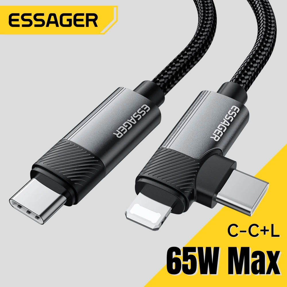 Essager 65W ประเภท C/USB-A ถึง L+ C สาย 2 ใน 1 Fast Charging สายไฟอะแดปเตอร์สําหรับ ip 5 ~ 16 Huawei