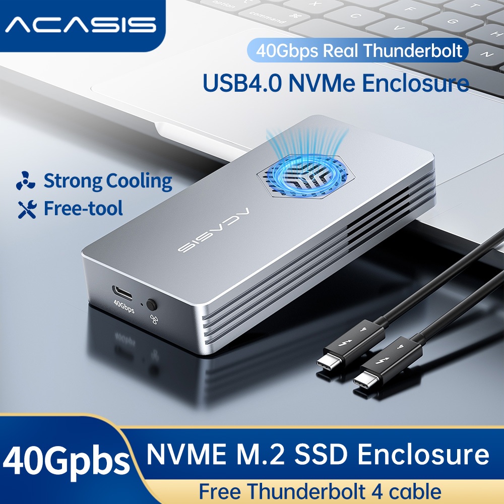 Acasis 40Gbps Thunderbolt4 USB4.0 NVME M.2 SSD Enclosure ใช้งานร่วมกับ USB 4.0/3.2/3.1/3.0/2.0 ไม่มีการติดตั้งกรณี SSD, TBU401 อัพเกรด Cooling-fan ฟรีสาย USB-C (TBU401PRO)