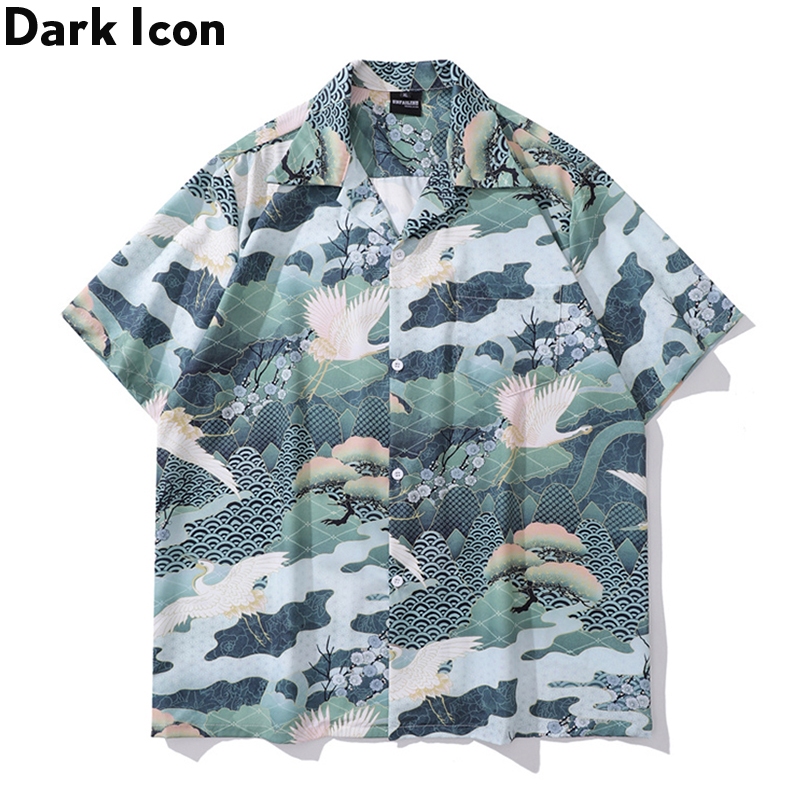 Dark Icon Crane เสื้อเชิ้ตแขนสั้นผู้ชายแบบดั้งเดิมของจีนพิมพ์ลายฤดูร้อนเสื้อเชิ้ตชายหาดคอปกสําหรับ Man