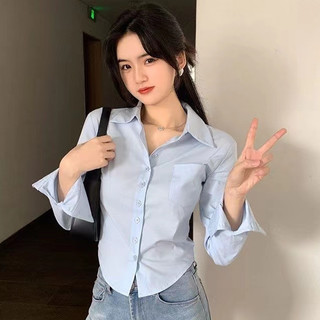 Women's Long Sleeve Shirt Solid Blouse Slim Crop Top for Women
