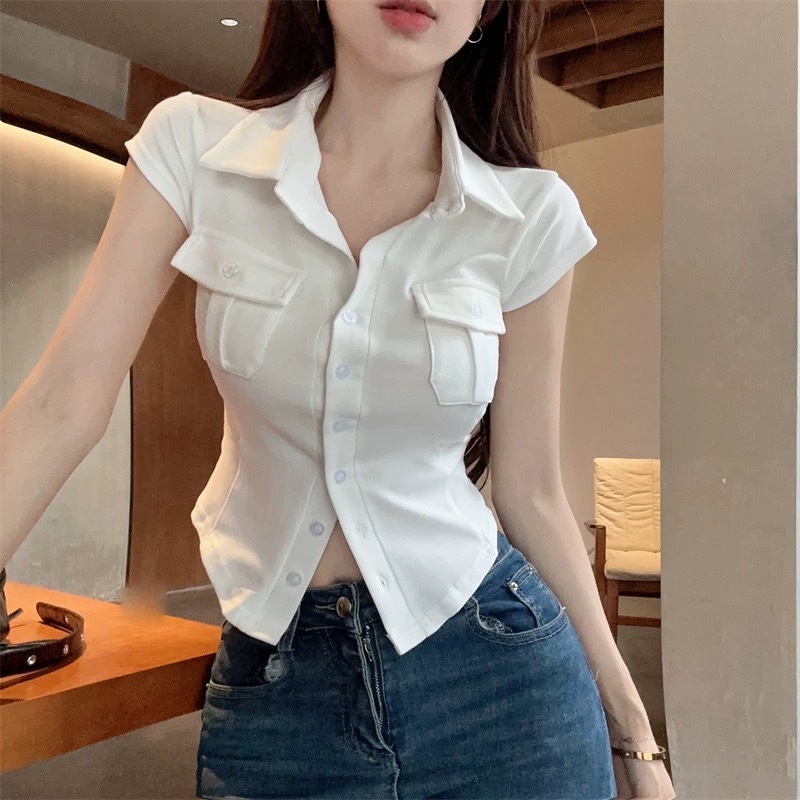 Hotgirl พร้อมส่ง เสื้อแฟชั่น เสื้อครอป y2k เสื้อยืดเเขนสั้นเซ็กซี่ ขาวสไตล์เกาหลีสําหรับผู้หญิง