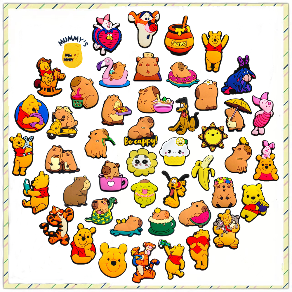 ร้อน 1 ชิ้นน่ารัก winnie the pooh capybara การ์ตูน DIY crocs charms รองเท้าอุปกรณ์เสริมหัวเข็มขัดอุดตันรองเท้าแตะตกแต่งเด็กของขวัญ jibbitz