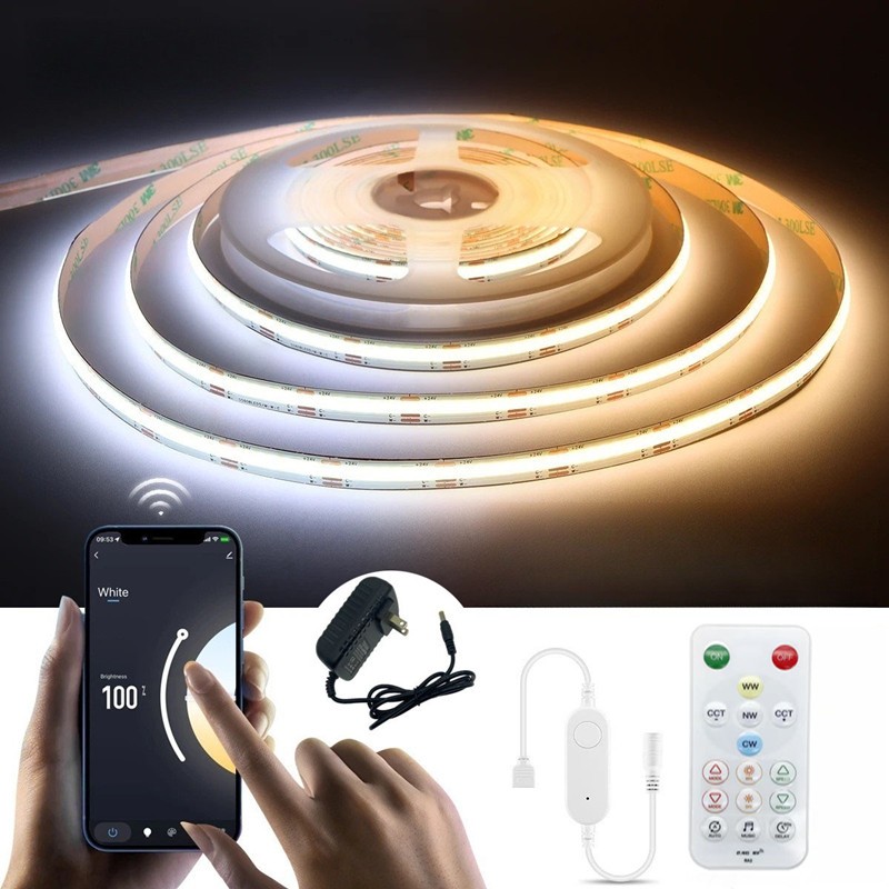 สีขาว CCT COB ไฟ LED Strip พร้อมคอนโทรลเลอร์และอะแดปเตอร์ไฟ, หรี่แสงได้ 2700K-6500K ชุดไฟเทป LED พร้อมการควบคุม APP/โหมดเพลง, สําหรับภายใต้ตู้ครัว DIY
