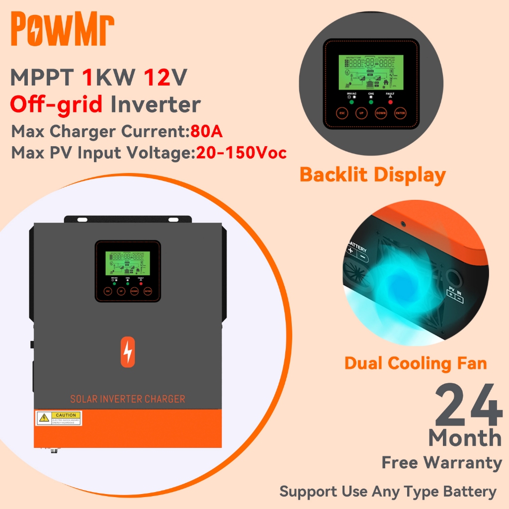 PowMr 1KW 12V Off Grid Solar Hybrid Inverter 230Vac ในตัว 80A MPPT Solar Charge Controller PV Voltage 20-150Voc 50/60Hz Auto Identify Pure Sine Wave Inverter จําเป็นต้องเชื่อมต่อแบตเตอรี่รับประกัน 2 ปี
