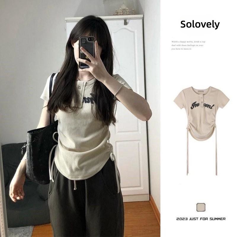Solovely เสื้อผู้หญิง สไตล์เกาหลี จั๊ม คอกลม แขนสั้น เสื้อยืด
