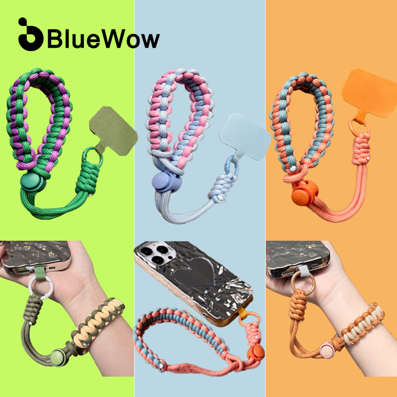 Bluewow โทรศัพท ์ ใหม ่ Anti-lost เชือกทอมือสายรัดข ้ อมือแบบพกพาเชือกสั ้ นคุณภาพสูงไนลอนเชือกอุปกรณ ์ เสริมโทรศัพท ์ สีชมพูแขวนเชือก