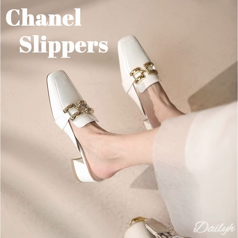 รองเท้าแตะหนัง ส้นกลาง ส้นหนา เข้ากับทุกการแต่งกาย แฟชั่นฤดูร้อน สําหรับผู้หญิง Chanel1