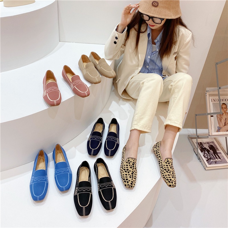 ฤดูใบไม้ผลิสแควร์ Toe รองเท้าโลฟเฟอร์บินถักรองเท้าลําลองผู้หญิงสบาย Peas รองเท้าทอ Slip-On SL999-1