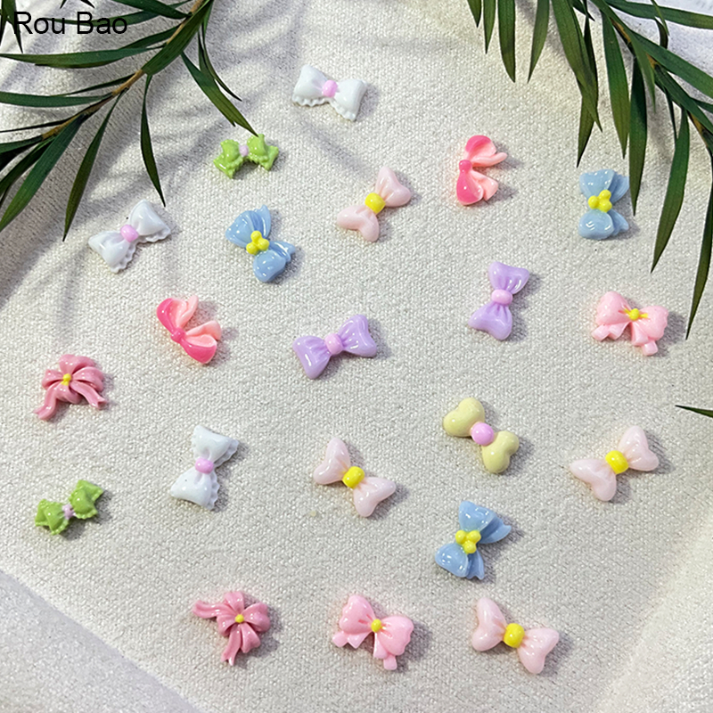 Rou Bao 50 ชิ้นเล็บโบว์ที่มีสีสันรูปที่แตกต่างกันน่ารัก Girly เล็บเรซิ่น Art DIY Charms ตกแต่ง