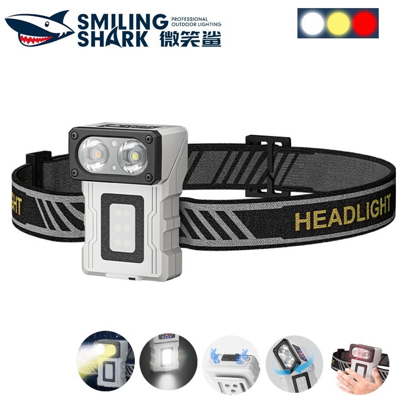Smilingshark TD0172 ไฟฉายคาดหัว LED ไฟหน้า Mini เซนเซอร์ แม่เหล็ก แสงสีขาว / เหลือง / แดง 10โหมด Type-C ชาร์จใหม่ได้ กันน้ำสำหรับการซ่อมแซมวิ่งเดินป่าแคมป์ปิ้งกลางแจ้ง