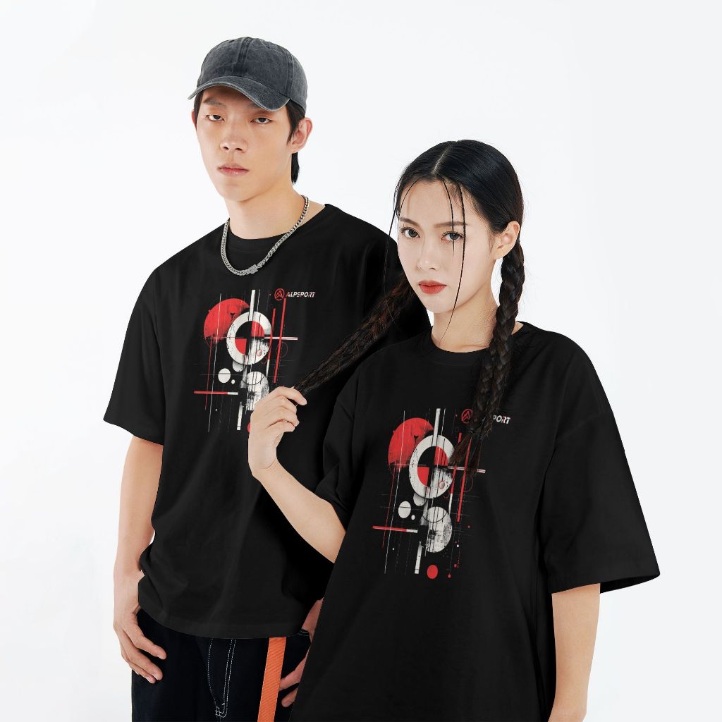 Alp Scarlet Moon Oversize Men เสื้อยืดสีดํา 100% ผ้าฝ้ายแท้ American High Street สไตล์ Drop-Shoulder