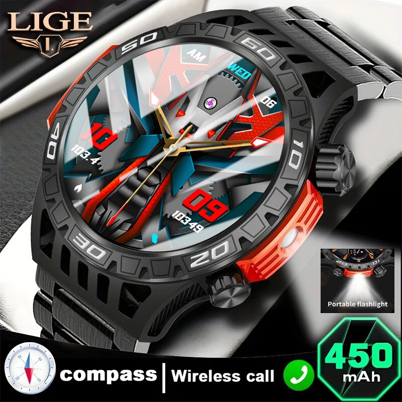 LIGE สมาร์ทวอท์ช Original Men AMOLED หน้าจอสัมผัสเต็มรูปแบบพร้อมไฟ LED ฟิตเนสกลางแจ้ง 100+ กีฬา IP68 กันน้ำบลูทูธสร้อยข้อมือ Heart Rate Monitor SmartWatch