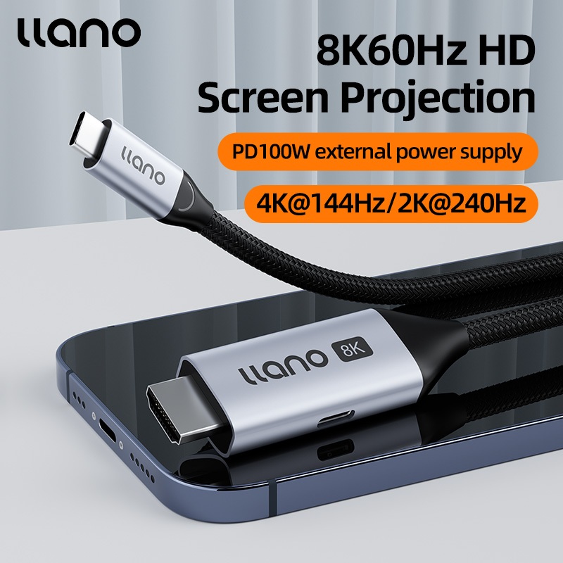 Llano 8K สาย USB C to HDMI 2.1 พร้อมการชาร์จ PD 48Gbps USB Type-C to HDMI Braided Cord (8K@60Hz,4K@144Hz,2K@240hz) เข้ากันได้กับ Thunderbolt 4/3 , HP,โปรเจคเตอร์