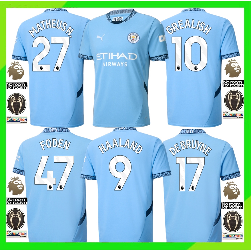 เสื้อเชิ้ต ลาย Manchester City 24 25 Home Champion Kamisa Haaland สําหรับผู้ชาย #9