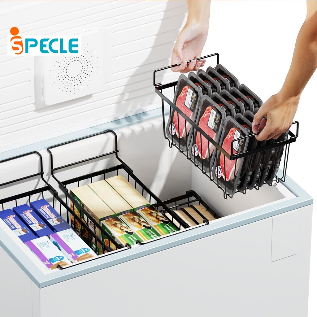 iSPECLE 4แพ็จ ตะกร้าตู้แช่ ชั้นตู้แช่ ซ้อนกันได้ ตะกร้าแช่แข็งจัดเก็บในตู้เย็น ชั้นจัดเก็บในครัว สำหรับตู้แช่แข็งลึก 140-180L จัดเรียงและจัดเก็บอาหารแช่แข็ง