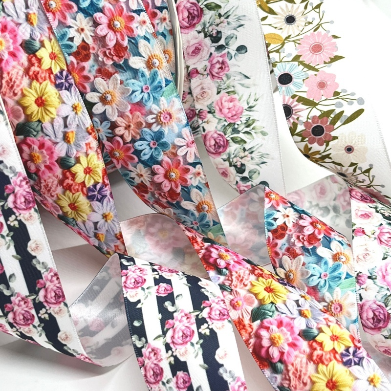 3.8 ซม.4.5 เมตรดอกไม้น่ารักพิมพ์ซาตินริบบิ้นสําหรับทําด้วยมือ DIY Craft HairPin งานแต่งงานคริสต์มาสอีสเตอร์สมุดภาพ Deco ของขวัญดอกไม้ห่อ