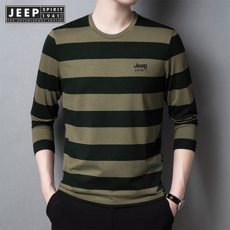 JEEP SPIRIT 1941 ESTD เสื้อยืดแขนยาวพร้อมฐานลายผู้ชาย, เสื้อฮูดคอกลม