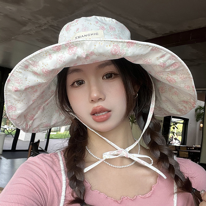 Big Brim Shell Sunscreen หมวกหญิงฤดูร ้ อนสีชมพูหวานดอกไม ้ ขนาดเล ็ ก Lace-Up Ruffled หมวก All-Match Sun หมวก