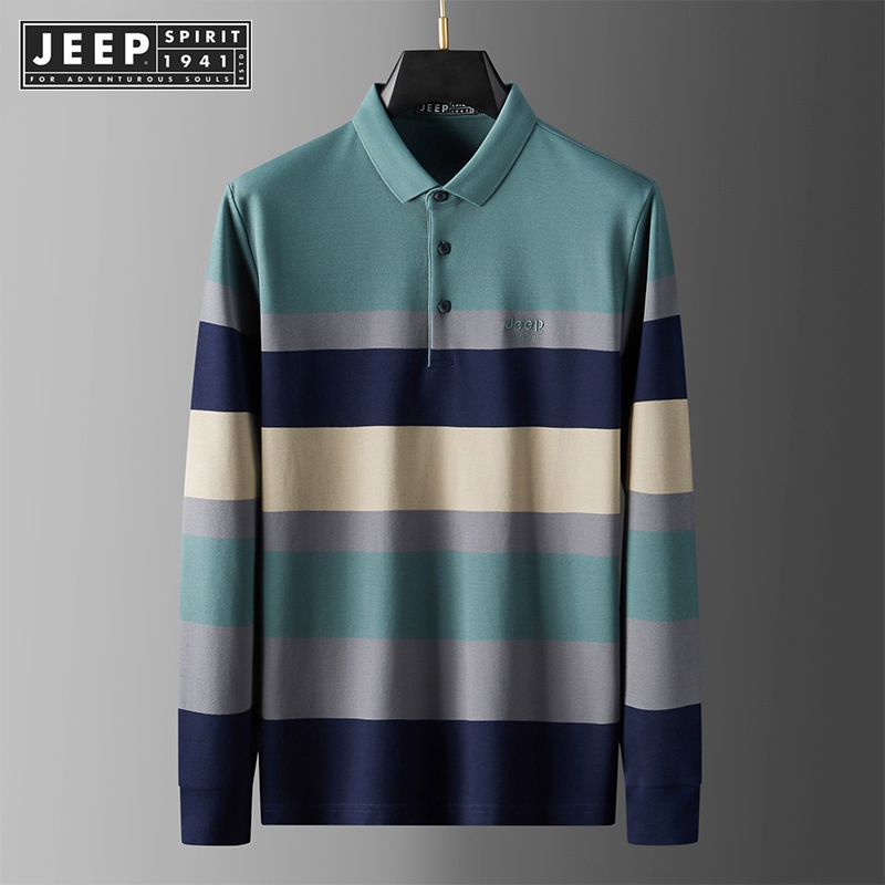 JEEP SPIRIT 1941 ESTD ผู ้ ชายใหม ่ แขนยาววัยกลางคนและชายหนุ ่ มโปโลคอปกลายเสื ้ อยืด