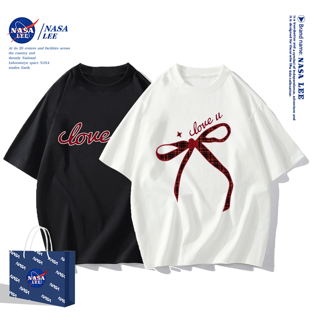 เสื้อยืดแขนสั้นผ้าฝ้ายคอตตอนลาย NASA รุ่นใหม่สำหรับฤดูร้อน 2024 แบบหลวมและระบายอ