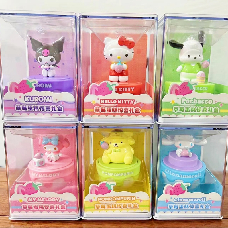 1 ชิ้น My Melody อะนิเมะรูปอะคริลิคกล่อง Kuromi Pochacco Hello Kitty Cinnamoroll Pom Pom Purin เค้ก PVC ตัวเลขการกระทําตุ๊กตาของเล่น