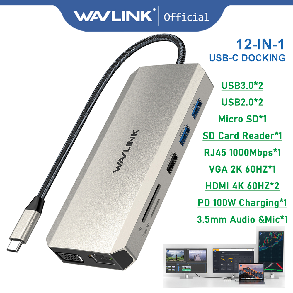 Wavlink USB C 12-in-1 Hub Docking Station Triple Display Adapter พร้อมการชาร์จแล็ปท็อป HDMI VGA 85W