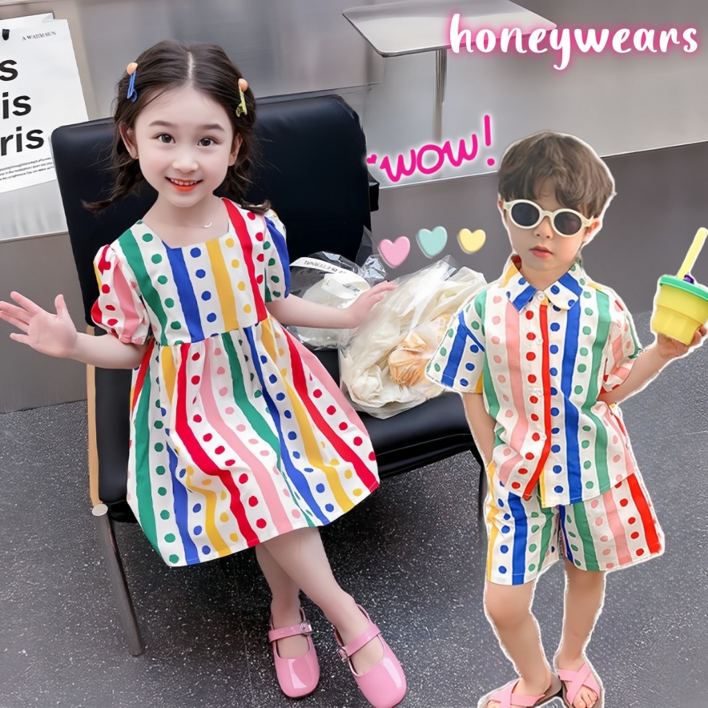 honeywears⚡️พร้อมส่ง⚡️กระโปรงเด็กผู้หญิง เดรสลายจุดสีรุ้ง ชุดเซ็ทลายทางชายหาดลำลองเด็กชาย แฟชั่น ฤดูร้อน ไซส์ 110-150