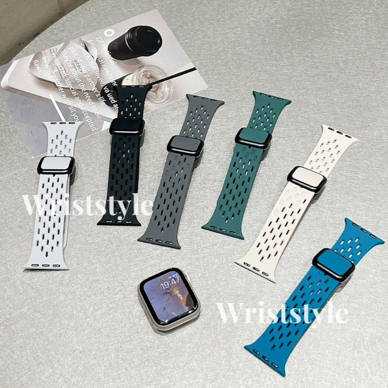หัวเข็มขัดแม่เหล็กสายนาฬิกาซิลิโคนสําหรับ Apple Watch S9/8/7/6/5/4/3/2/1 SE2 ULTRA ผู้ชายกีฬาเปลี่ยนสายสําหรับ iWatch 49 มม.45 มม.44 42 41 40 38 ใหม่ Breathable