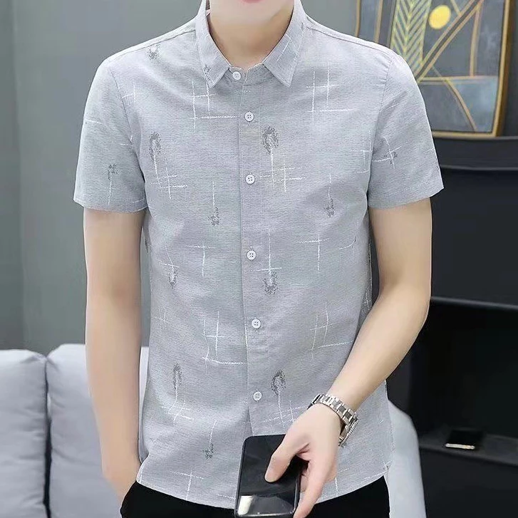 เสื้อเชิ้ตแขนสั้นผู้ชายลายสก๊อตลายดอกไม้