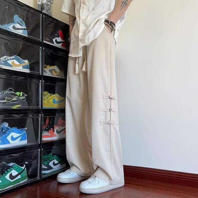 3 สีสไตล์จีน เชือกรูด หัวเข็มขัดตรงกางเกงผู้ชายฤดูร้อนอเนกประสงค์หลวมระบายอากาศกางเกงกีฬาผู้ชายอินเทรนด์กางเกงลําลองขากว้างส-3เอ็กแอล
