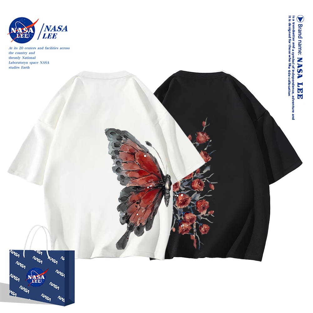 เสื้อยืดแขนสั้นผ้าฝ้ายคอตตอนลาย NASA รุ่นใหม่สำหรับฤดูร้อน 2024 แบบหลวมและระบายอากาศได้ดี