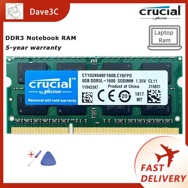 Crucial DDR3 โน๊ตบุ๊ค Ram 4GB 8GB 1600MHz 1333MHz 1066MHz Notebook RAM PC3L-12800S 204pin หน่วยความจ