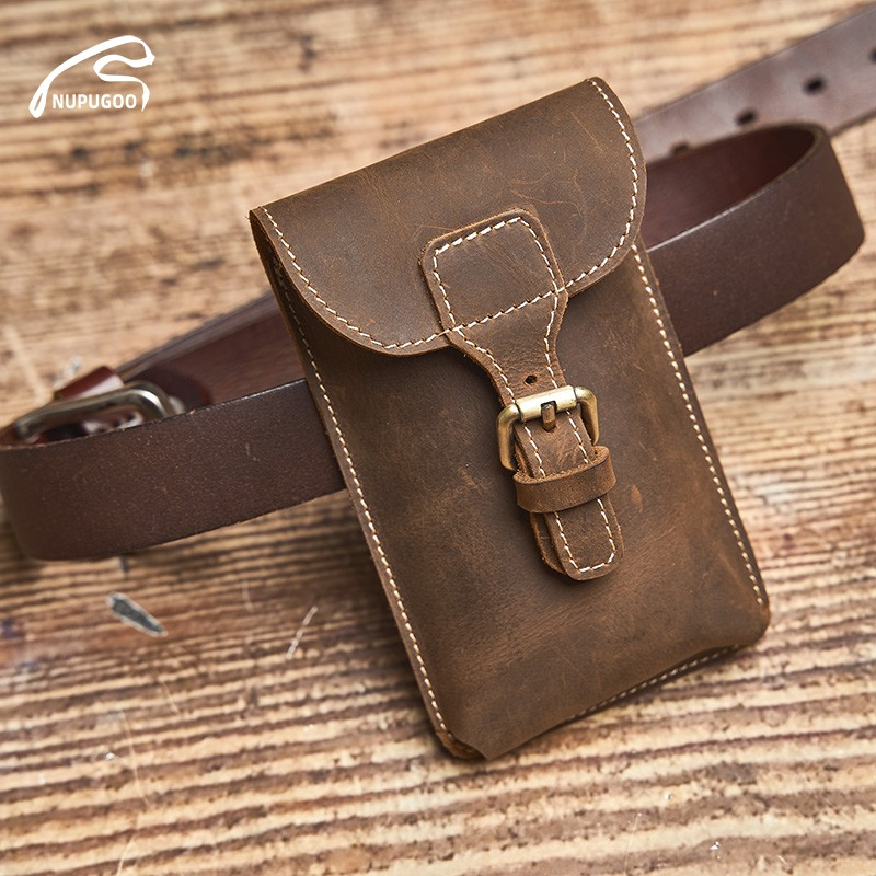 Nupugoo Crazy Horse หนังเอวกระเป๋าผู้ชาย Retro โทรศัพท์มือถือกระเป๋า First Layer Cowhide Key กระเป๋าสวมใส่เข็มขัดกระเป๋า