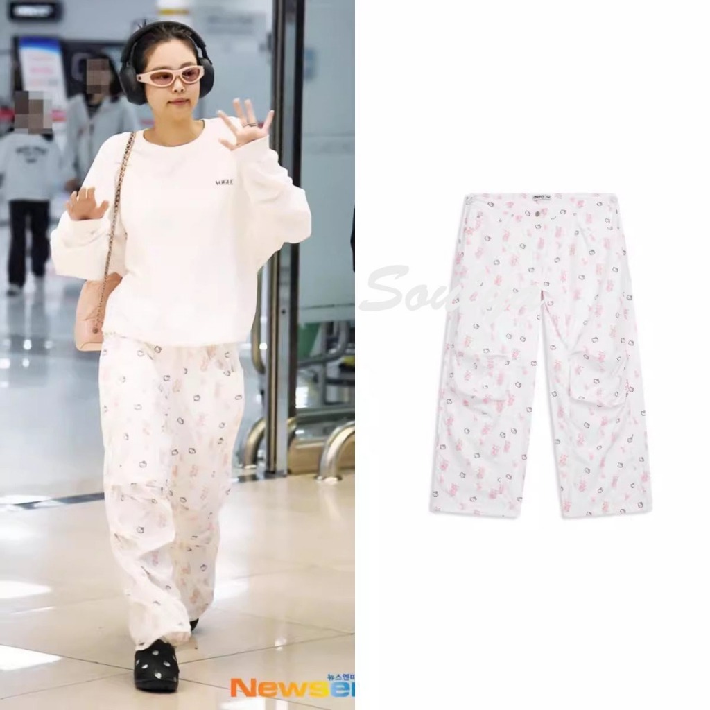 Blackpink Jennie แฟชั ่ น Kitty Cat ดอกไม ้ Workwear กางเกงลําลองผู ้ หญิงต ่ ําเอว Drawstring ขากว ้ างกางเกงขาตรง